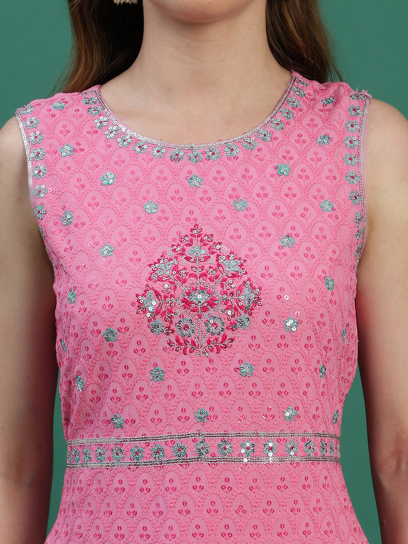 Women Pink Embroidered Sleeveless Straight Kurta Set