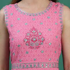 Women Pink Embroidered Sleeveless Straight Kurta Set