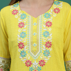 Women Yellow Cotton Embroidered Straight Kurta Set