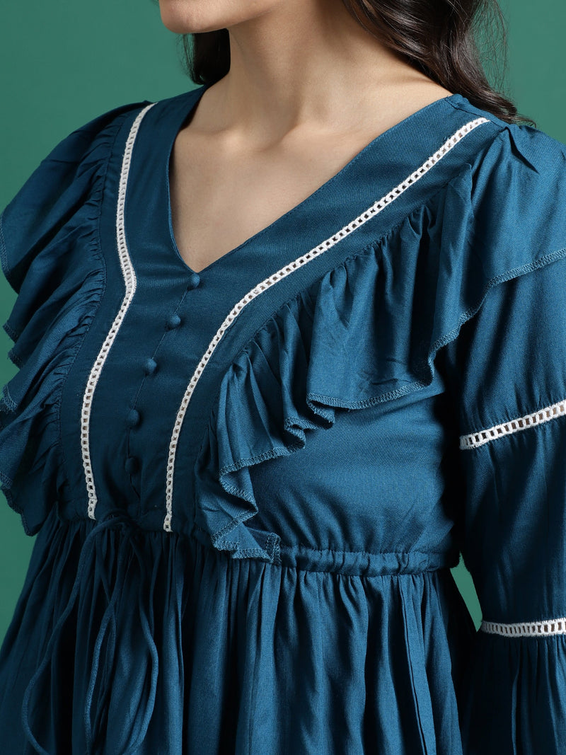 Women Blue V-Neck Gathered Cotton Peplum Tops