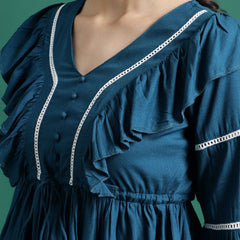 Women Blue V-Neck Gathered Cotton Peplum Tops