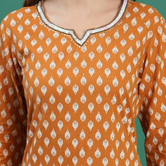 Women Mustard Cotton Embroidered & Printed Straight Kurta Set