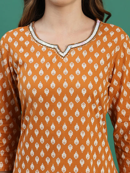 Women Mustard Cotton Embroidered & Printed Straight Kurta Set