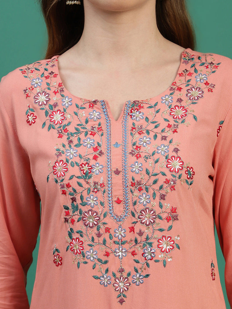 Women Peach Color Embroidered Straight Kurta Set