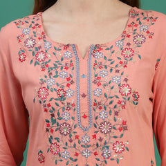 Women Peach Color Embroidered Straight Kurta Set