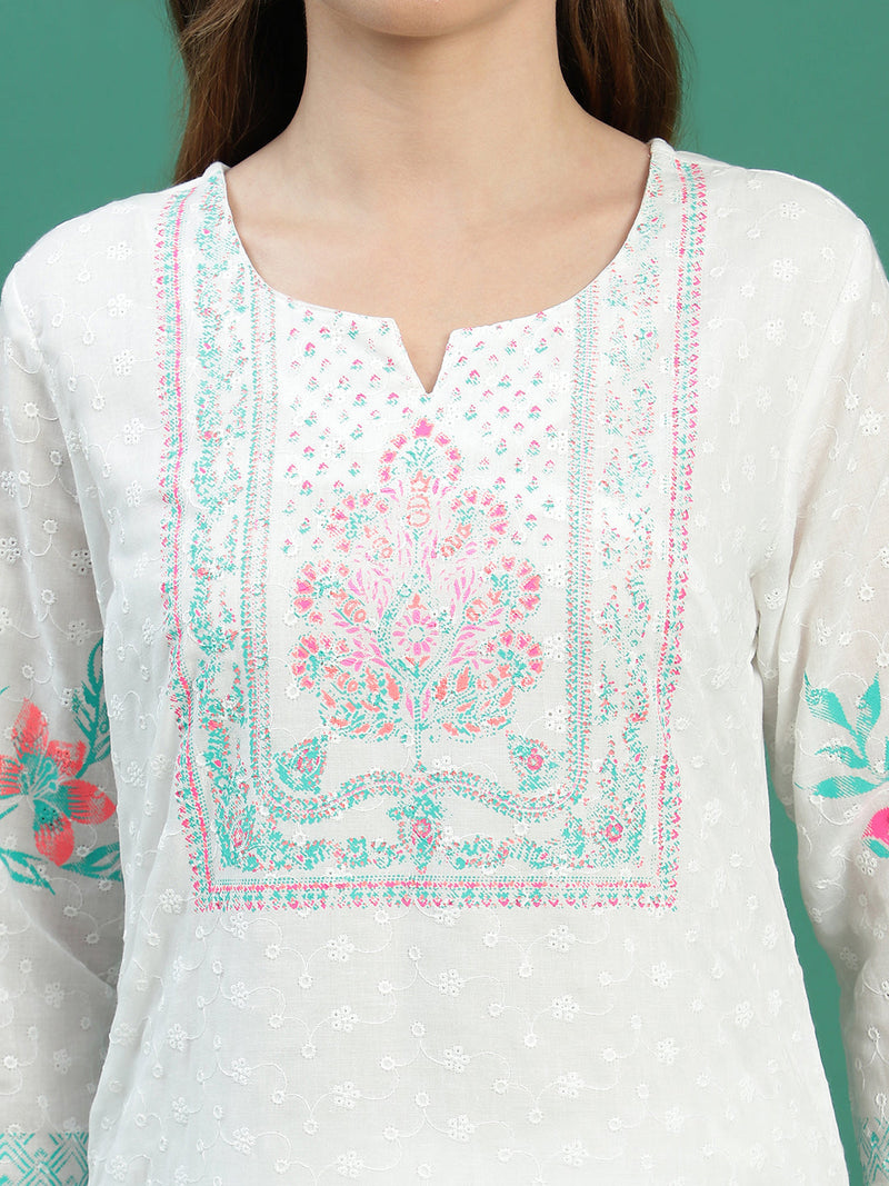 Elegant White Cotton Printed Straight Kurta