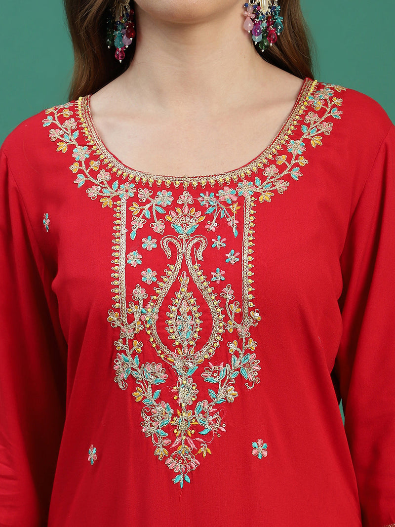 Women Red Embroidered Straight Kurta Set