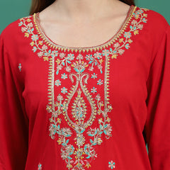 Women Red Embroidered Straight Kurta Set