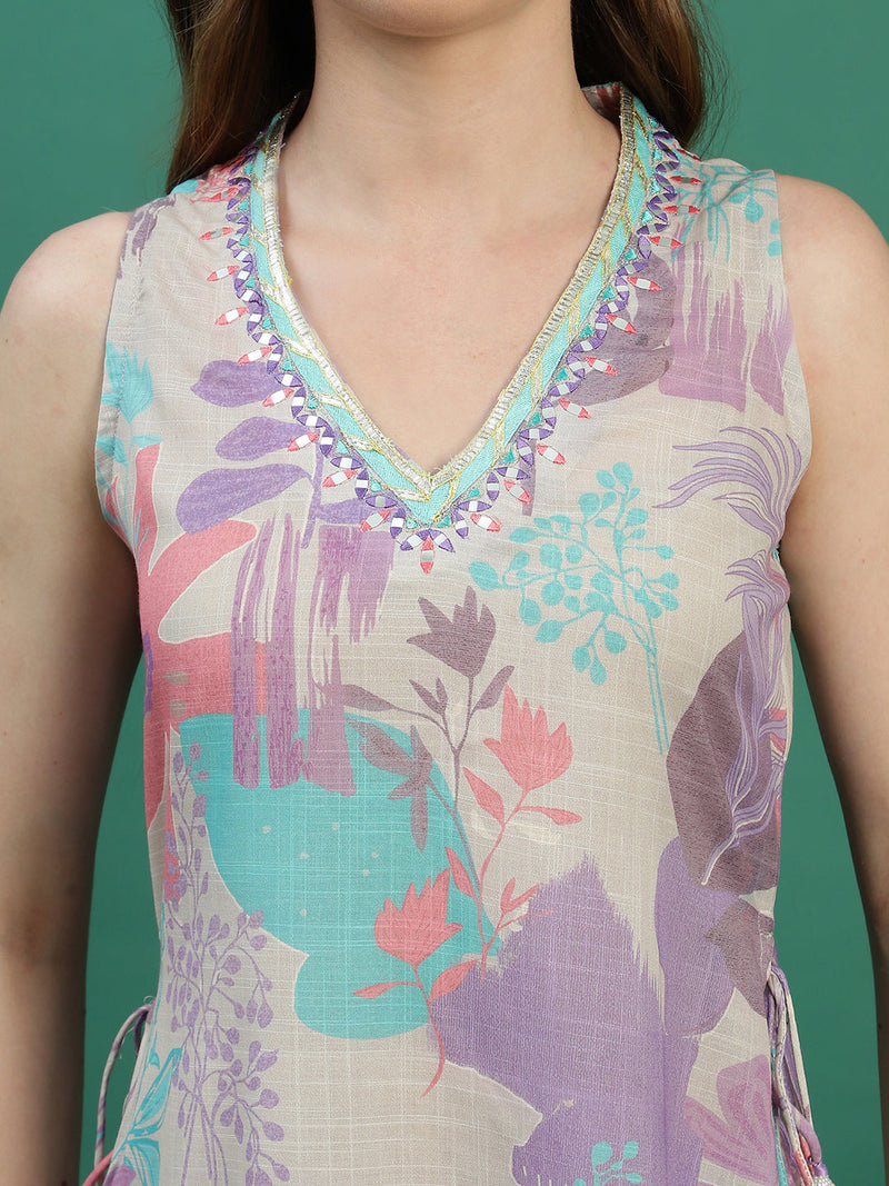 Women Beige Floral Printed Mirror Work V-Neck Straight Kurta With Trousers