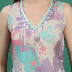 Women Beige Floral Printed Mirror Work V-Neck Straight Kurta With Trousers
