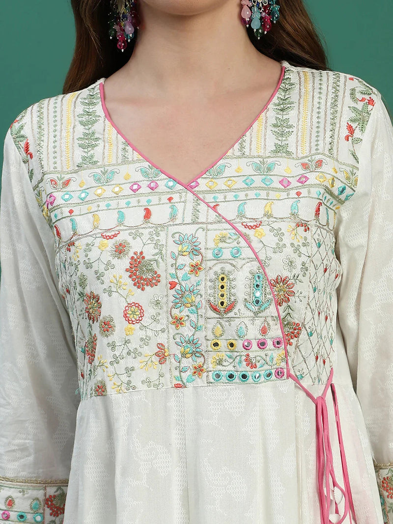 Women White Embroidered Angrakha Kurta Set