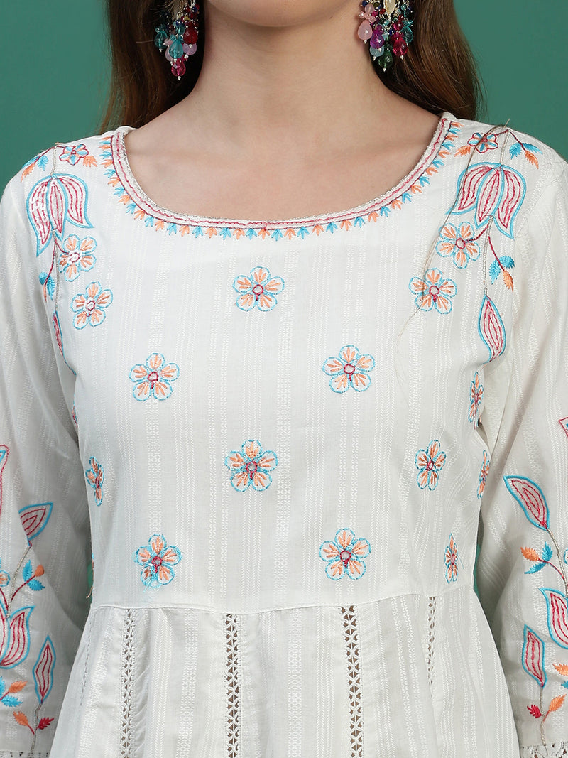 Women White Floral Embroidered Sequined Anarkali Cotton Kurta With Trousers & Dupatta