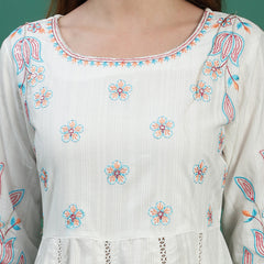 Women White Floral Embroidered Sequined Anarkali Cotton Kurta With Trousers & Dupatta