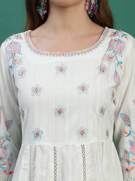 Women White Floral Embroidered Sequined Anarkali Cotton Kurta With Trousers & Dupatta