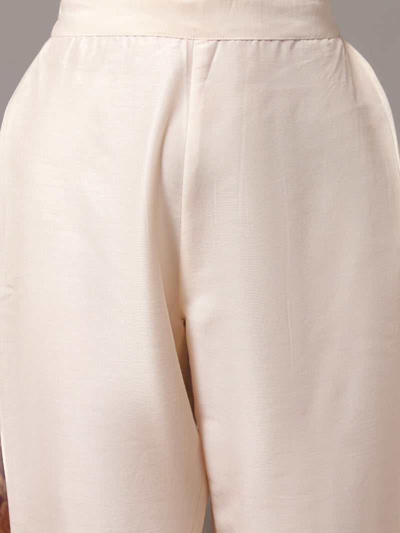 Women Off White V-Neck Straight Kurta With Trousers & Dupatta