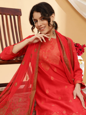 RAMA'S Women Red Color Self Design kurta Pant With Dupatta Set
