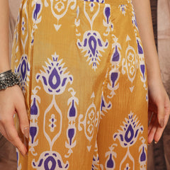 Women Yellow Printed Chinnon Kurta with Palazzos