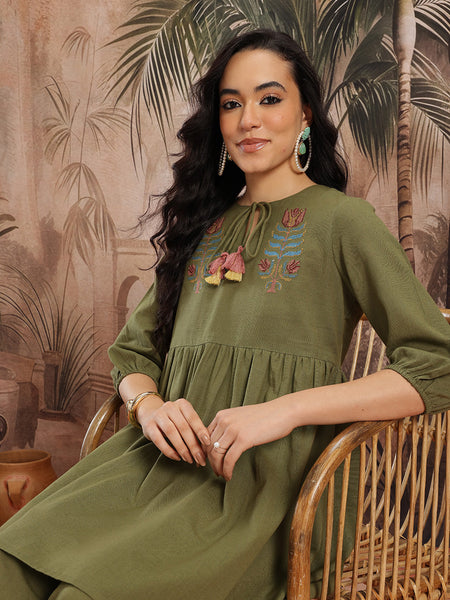 Emerald Grace Embroidered Cotton Tunic Palazzo Set