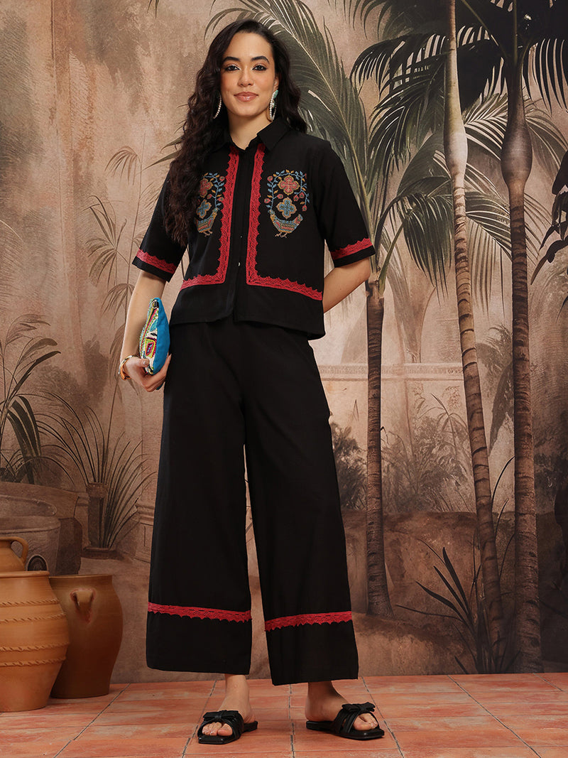 Midnight Elegance Embroidered Cotton Shirt Palazzo Set