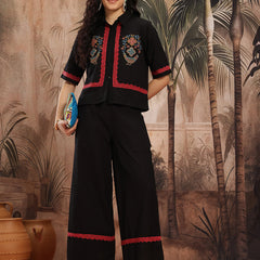 Midnight Elegance Embroidered Cotton Shirt Palazzo Set