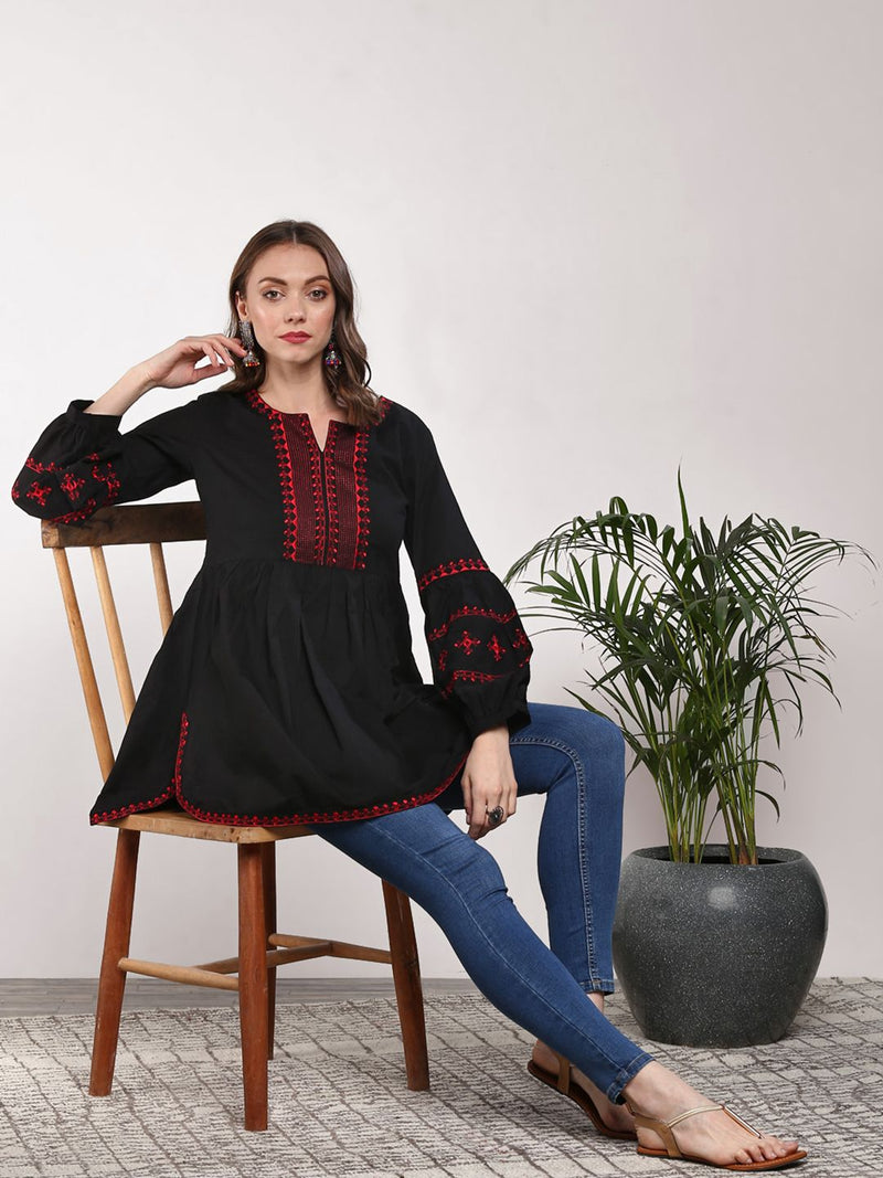 Festive black cotton embroidered top
