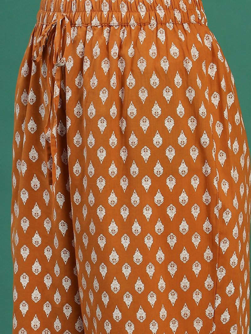 Women Mustard Cotton Embroidered & Printed Straight Kurta Set