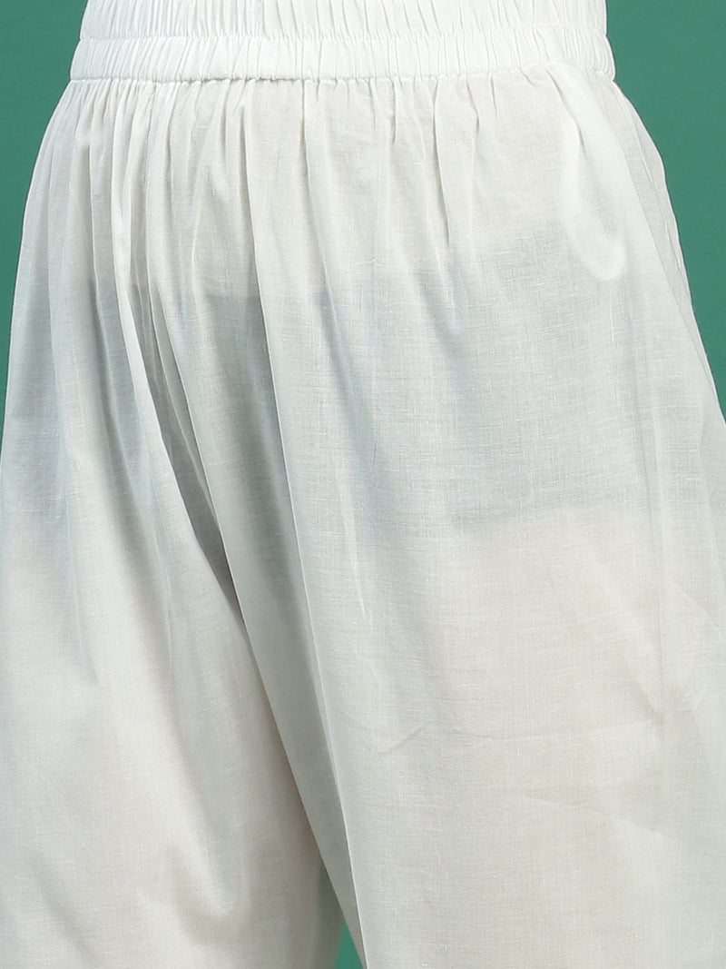 Women White Floral Embroidered Sequined Anarkali Cotton Kurta With Trousers & Dupatta