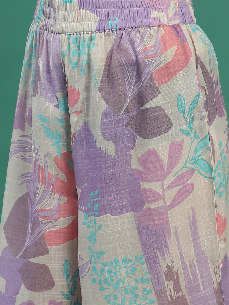 Women Beige Floral Printed Mirror Work V-Neck Straight Kurta With Trousers