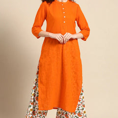 Front view orange cotton kurta set women
