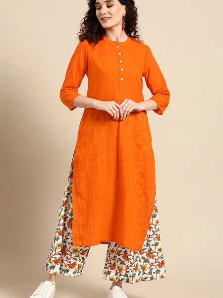 Front view orange cotton kurta set women

