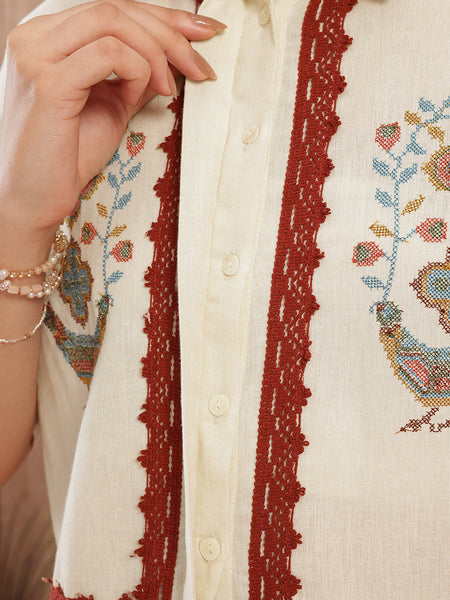 Ivory Charm Embroidered Cotton Shirt Palazzo Set