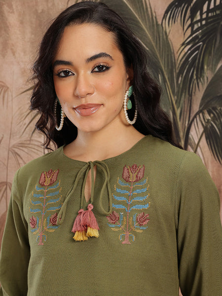 Emerald Grace Embroidered Cotton Tunic Palazzo Set
