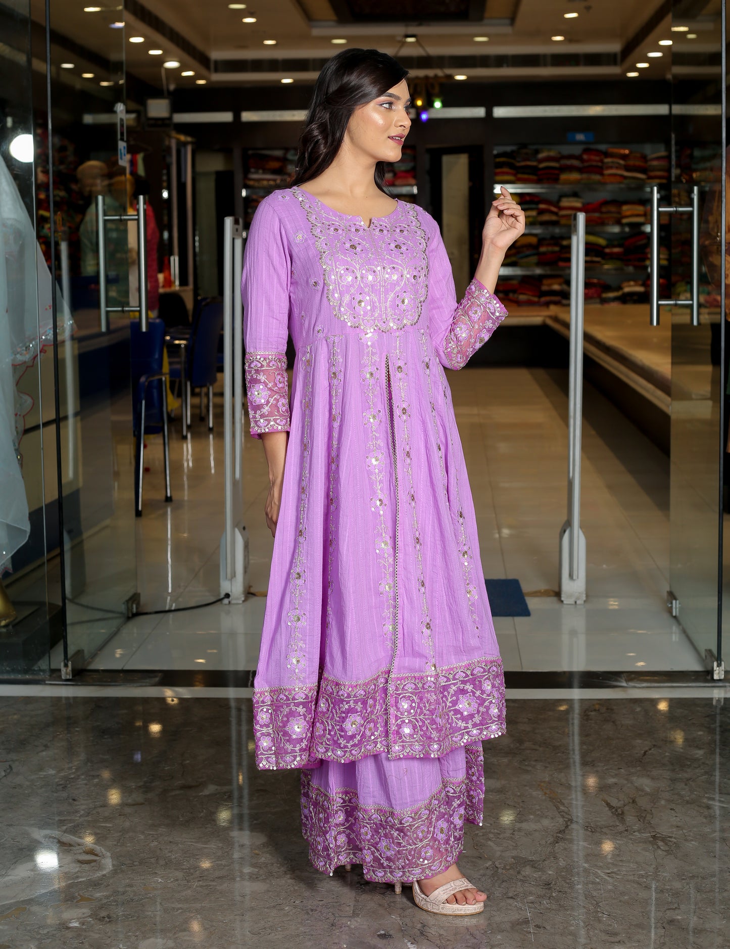 Graceful Elegance – Light Purple Floral Anarkali Kurta Set