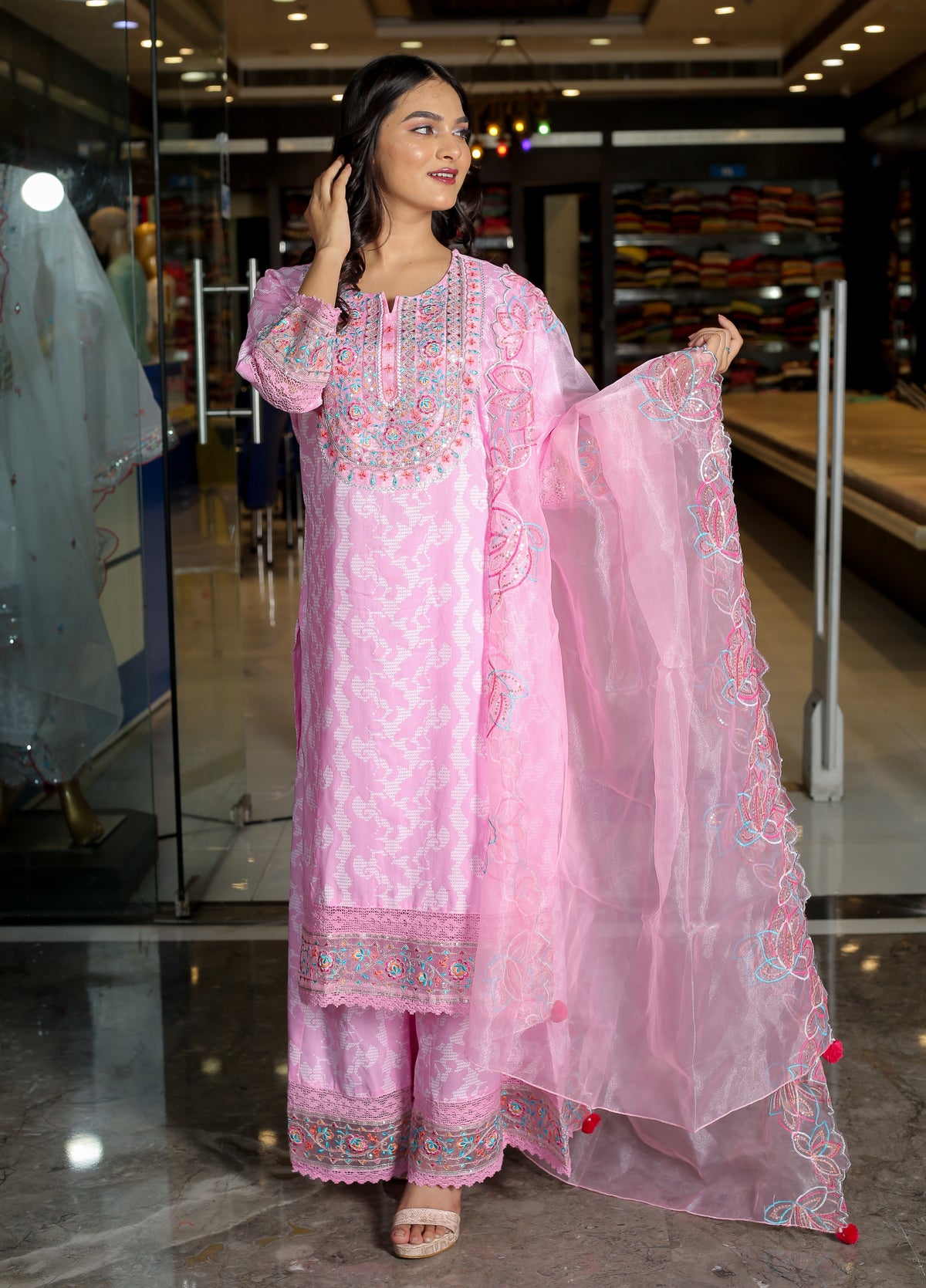 RAMA'S Pink Color Anarkali Cotton Set With Dupatta