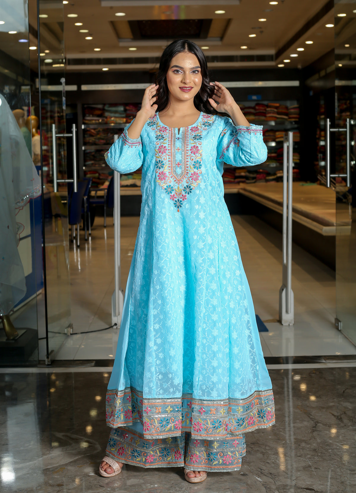 RAMA'S light sky blue Color Anarkali Cotton Set With Dupatta