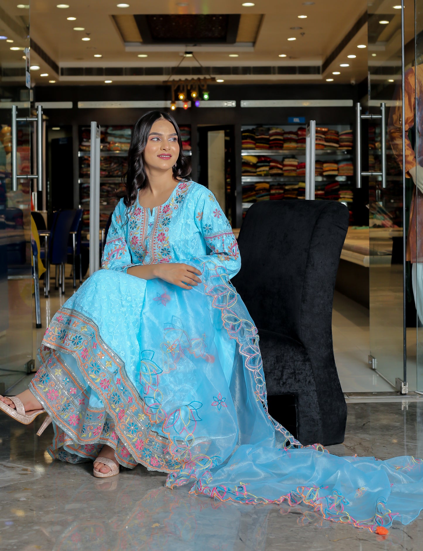 Effortless Elegance – Light Sky Blue Floral Anarkali Kurta Set