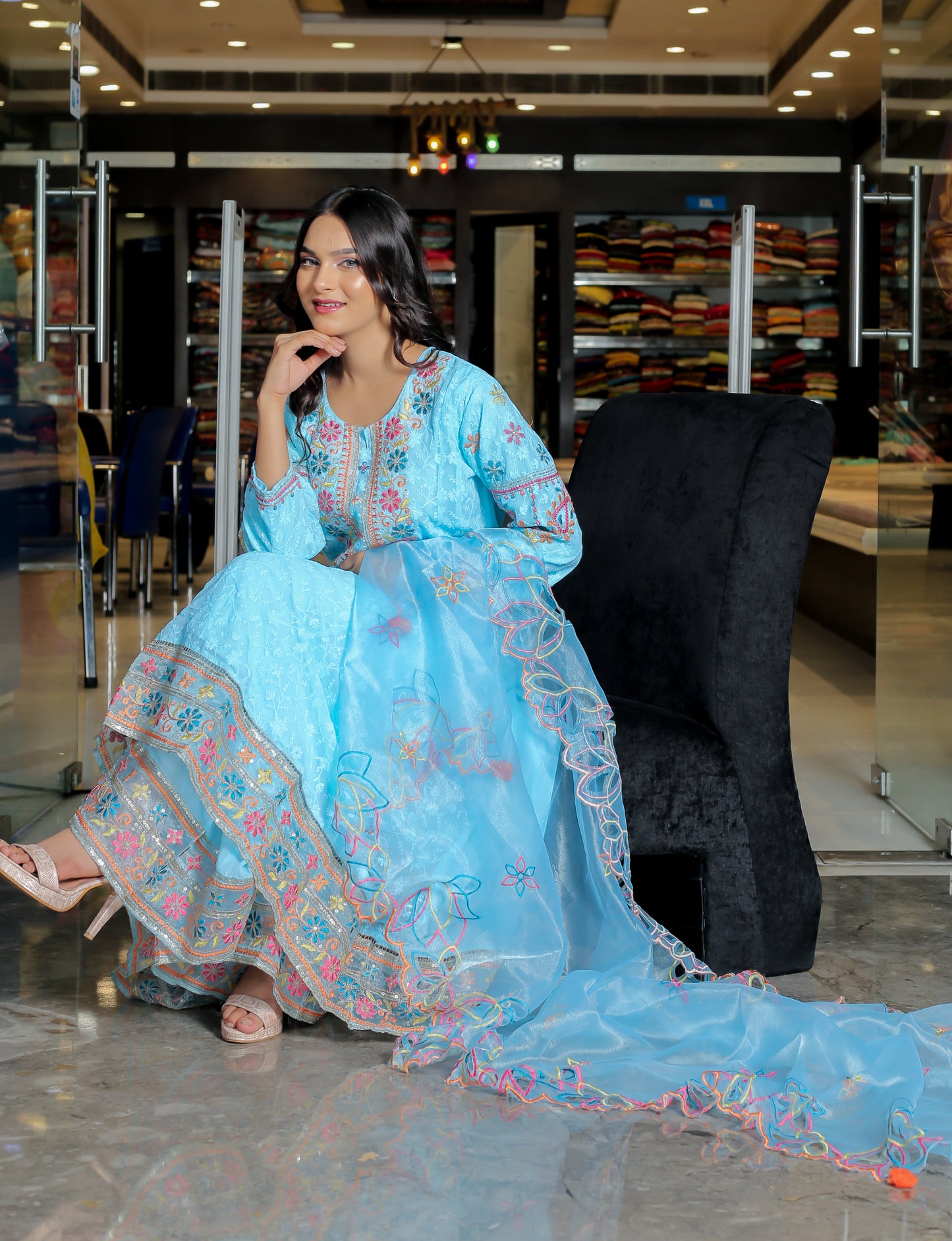 Effortless Elegance – Light Sky Blue Floral Anarkali Kurta Set