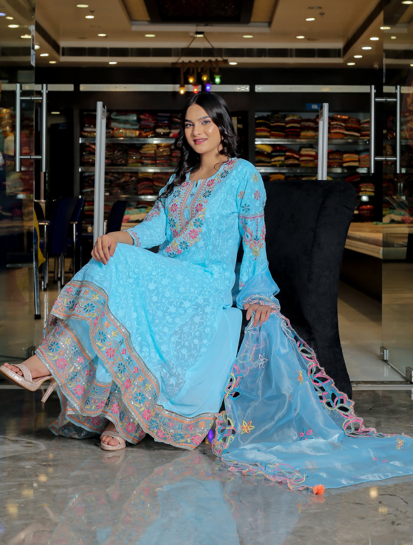 Effortless Elegance – Light Sky Blue Floral Anarkali Kurta Set