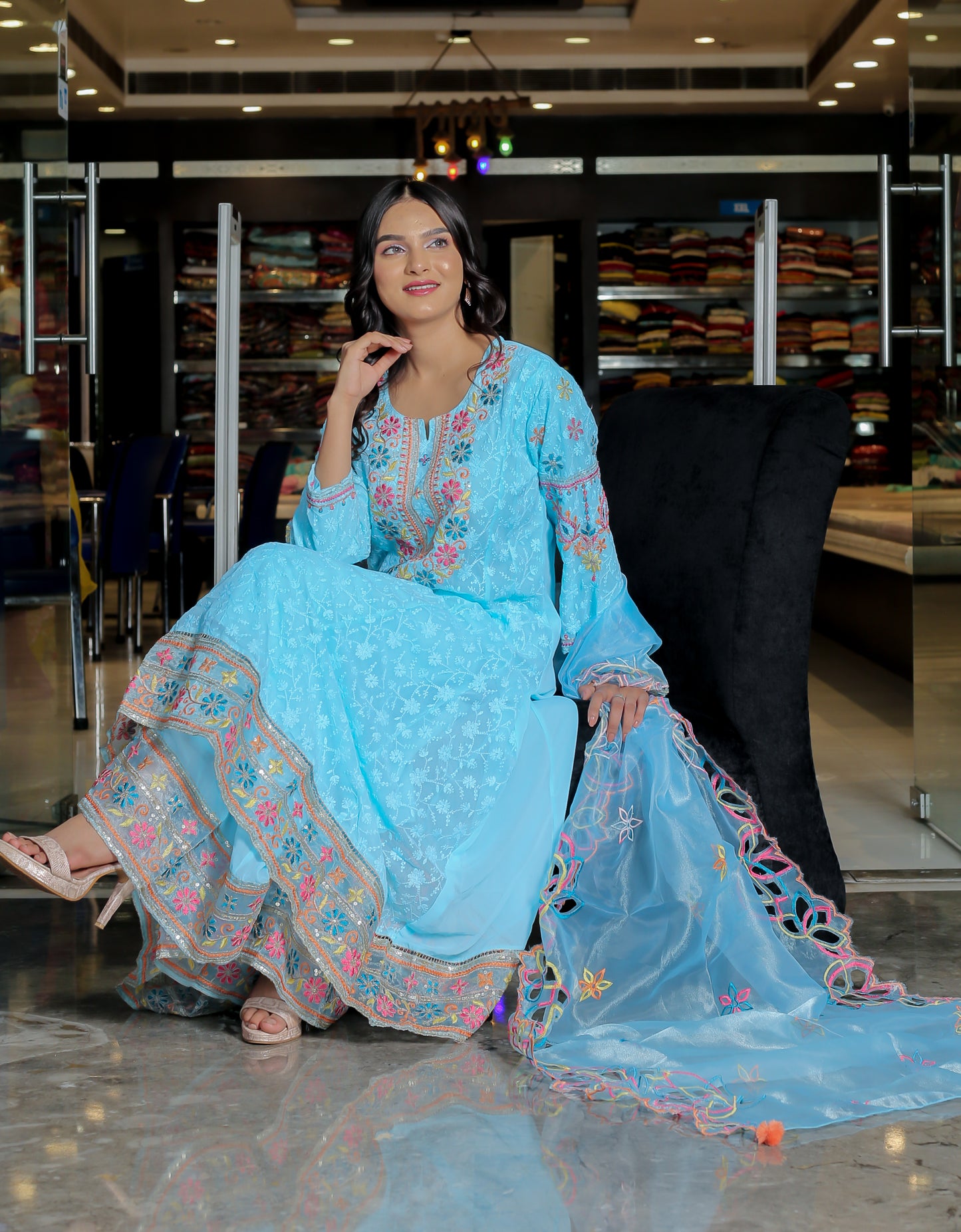 Effortless Elegance – Light Sky Blue Floral Anarkali Kurta Set