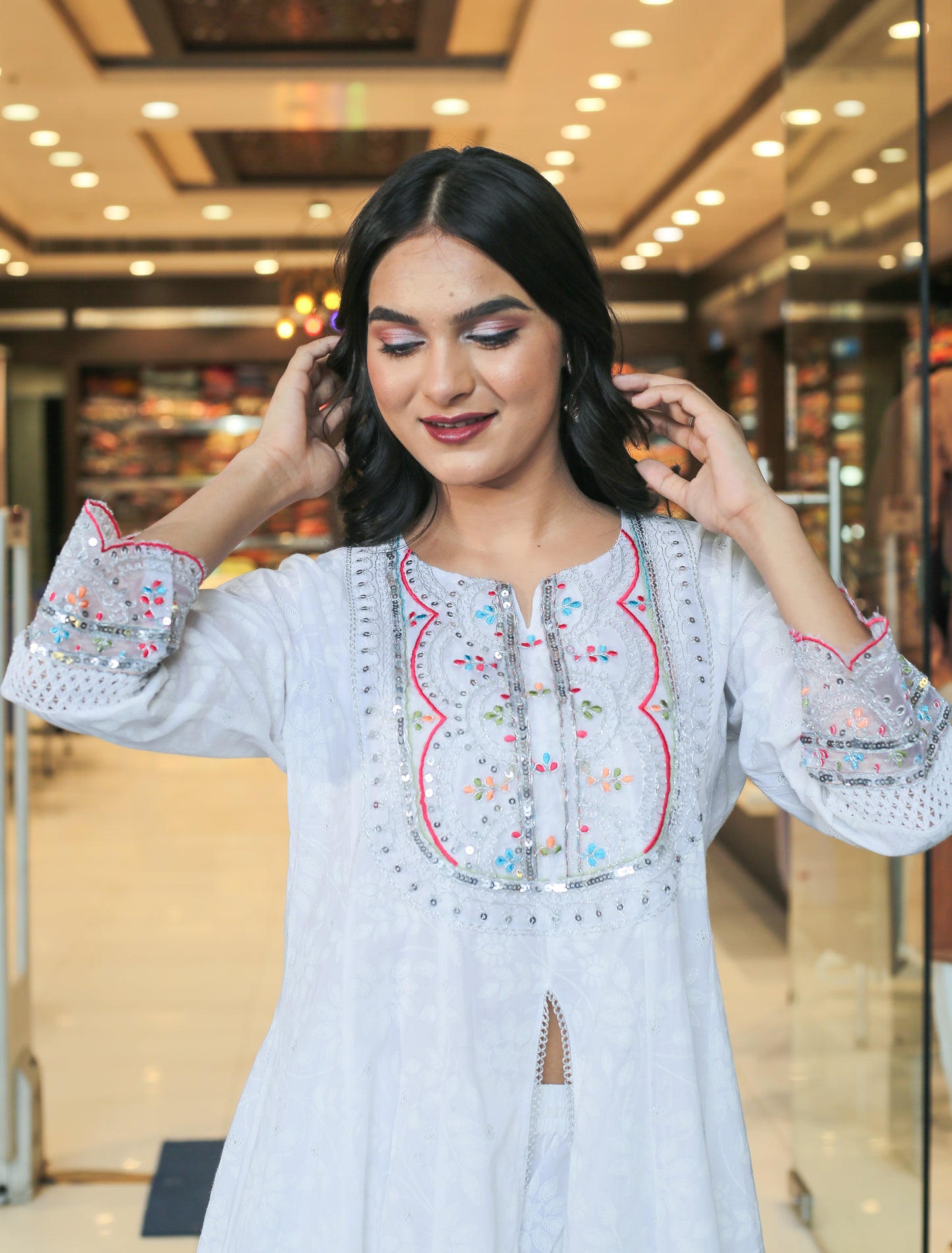 Timeless Elegance – White Floral Anarkali Kurta Set