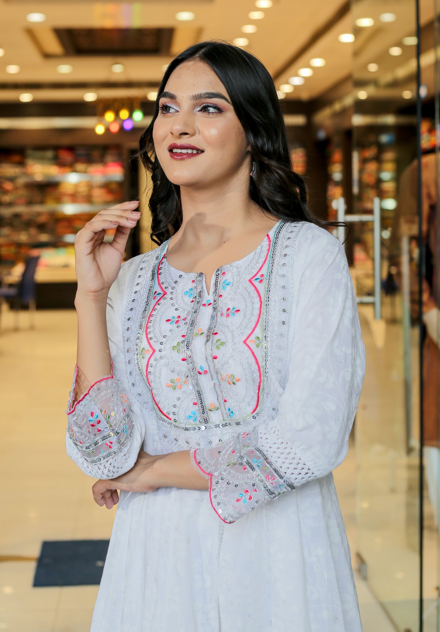 Timeless Elegance – White Floral Anarkali Kurta Set