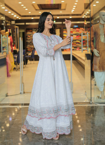 RAMA'S White Color Anarkali Cotton Set With Dupatta