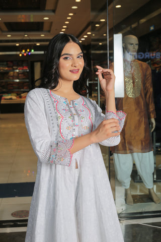 RAMA'S White Color Anarkali Cotton Set With Dupatta