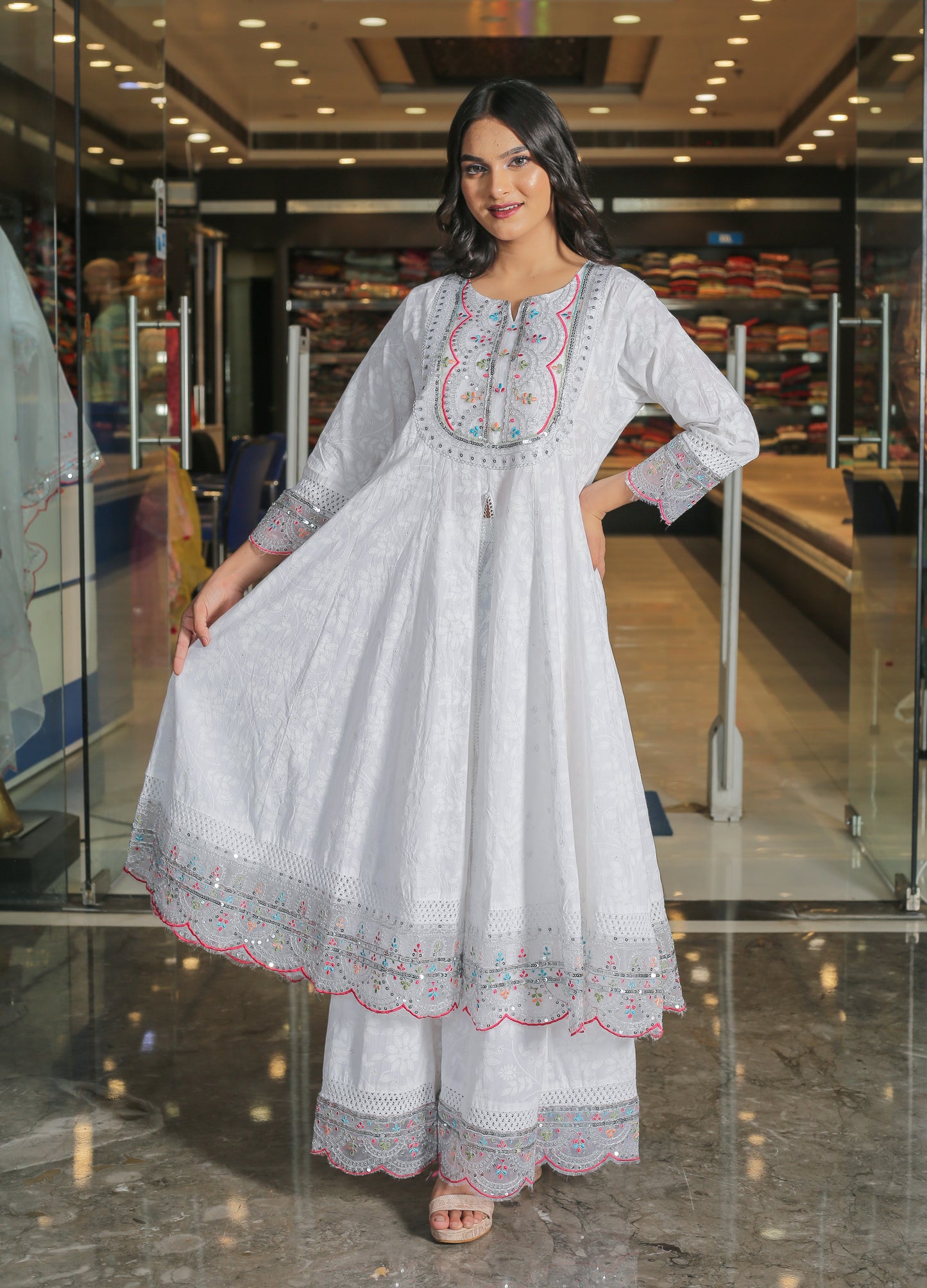 Timeless Elegance – White Floral Anarkali Kurta Set