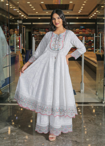 RAMA'S White Color Anarkali Cotton Set With Dupatta