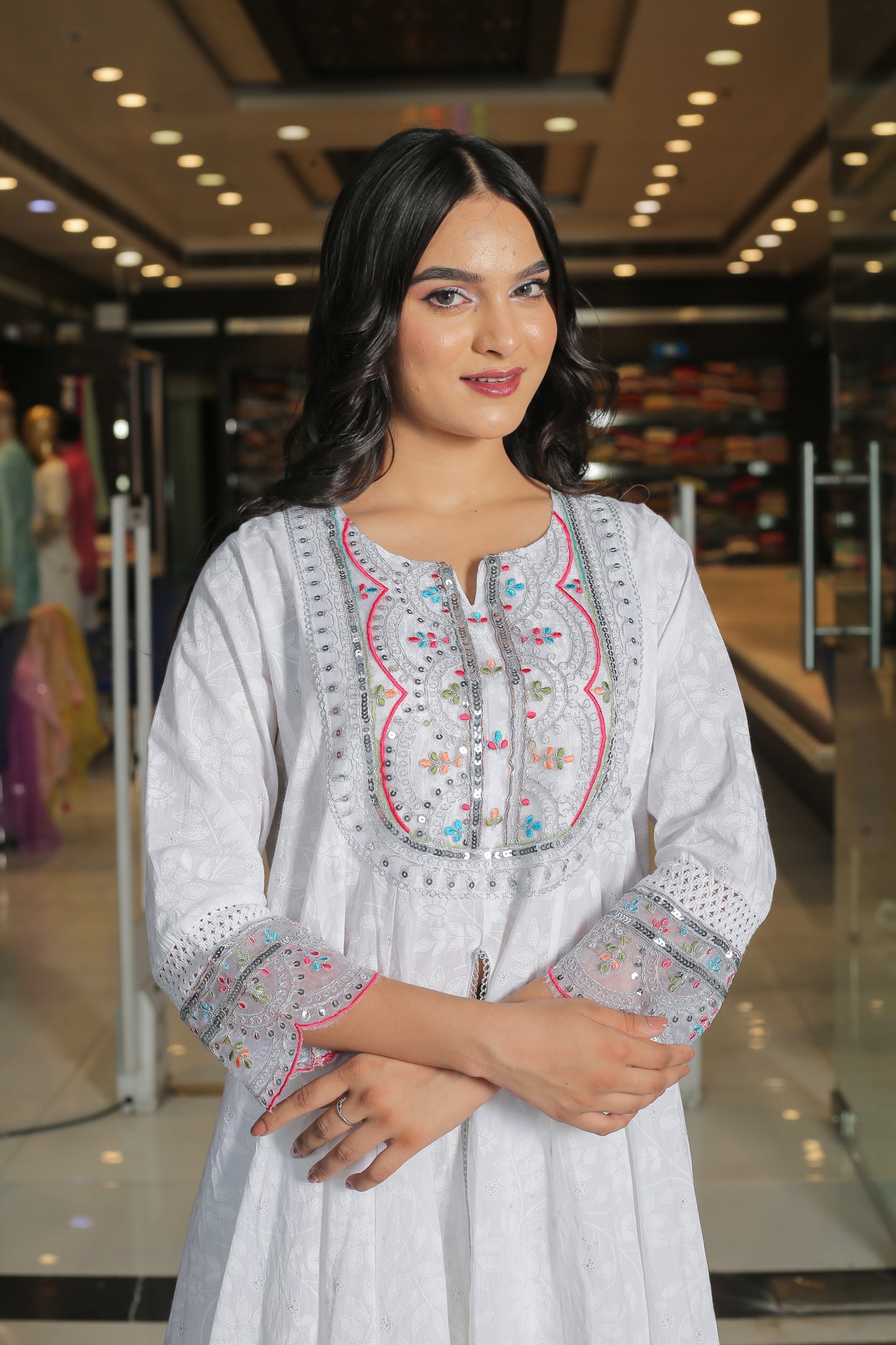 Timeless Elegance – White Floral Anarkali Kurta Set