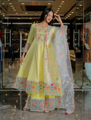 RAMA'S Yellow Color Anarkali Cotton Set With Dupatta