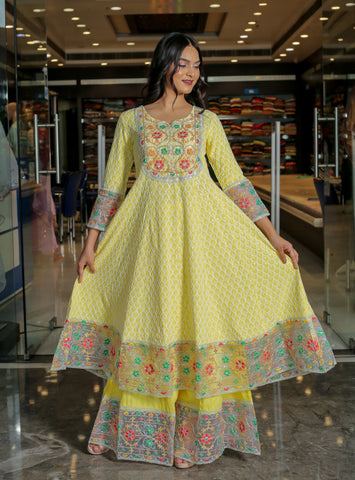 RAMA'S Yellow Color Anarkali Cotton Set With Dupatta