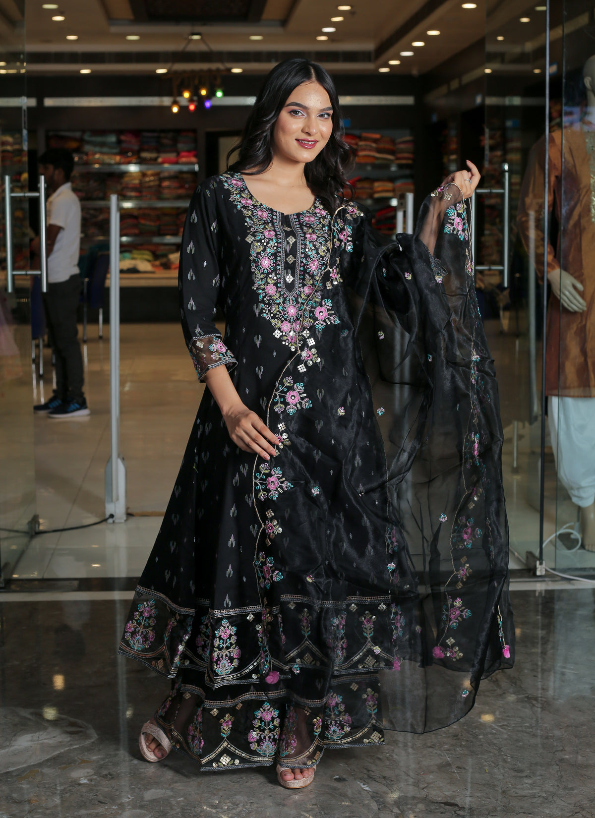 RAMA'S Black Color Anarkali Cotton Set With Dupatta