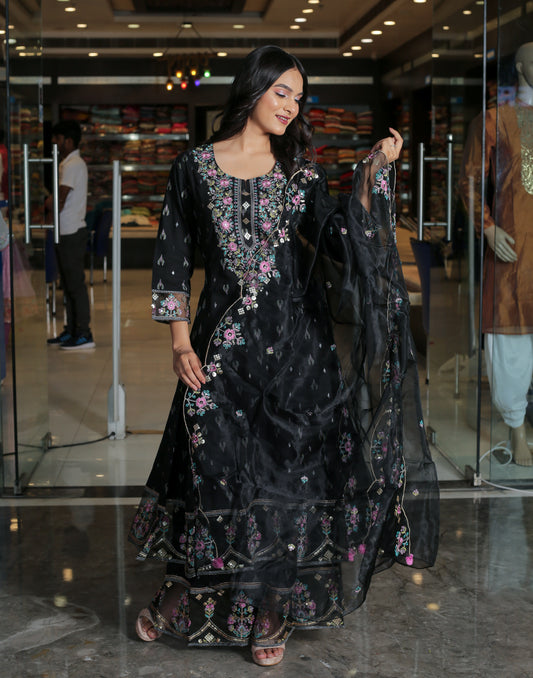 RAMA'S Black Color Anarkali Cotton Set With Dupatta